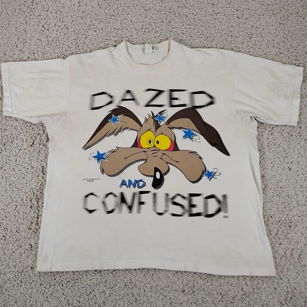 Vintage Looney Tunes Shirt Mens XL Beige Wile E Coyote Dazed Stoner 1995 90s USA